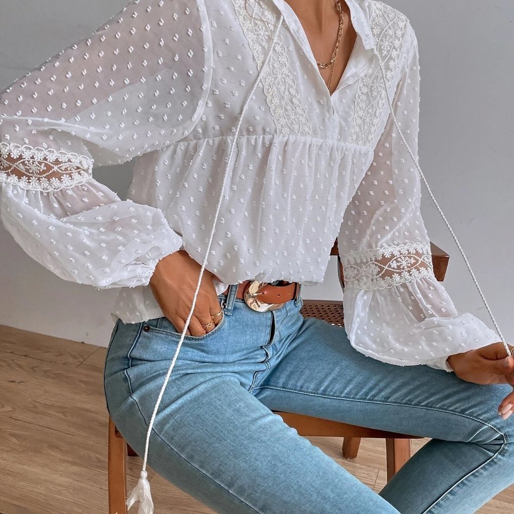 White Boho Womens Swiss Dot Embroidery Mesh Insert Lantern Sleeve Tassel Blouse - Picture 5 of 5